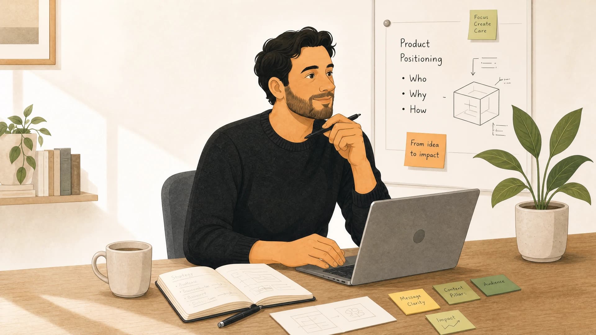 Flat illustration of a founder at his desk, thinking through product positioning notes on a whiteboard